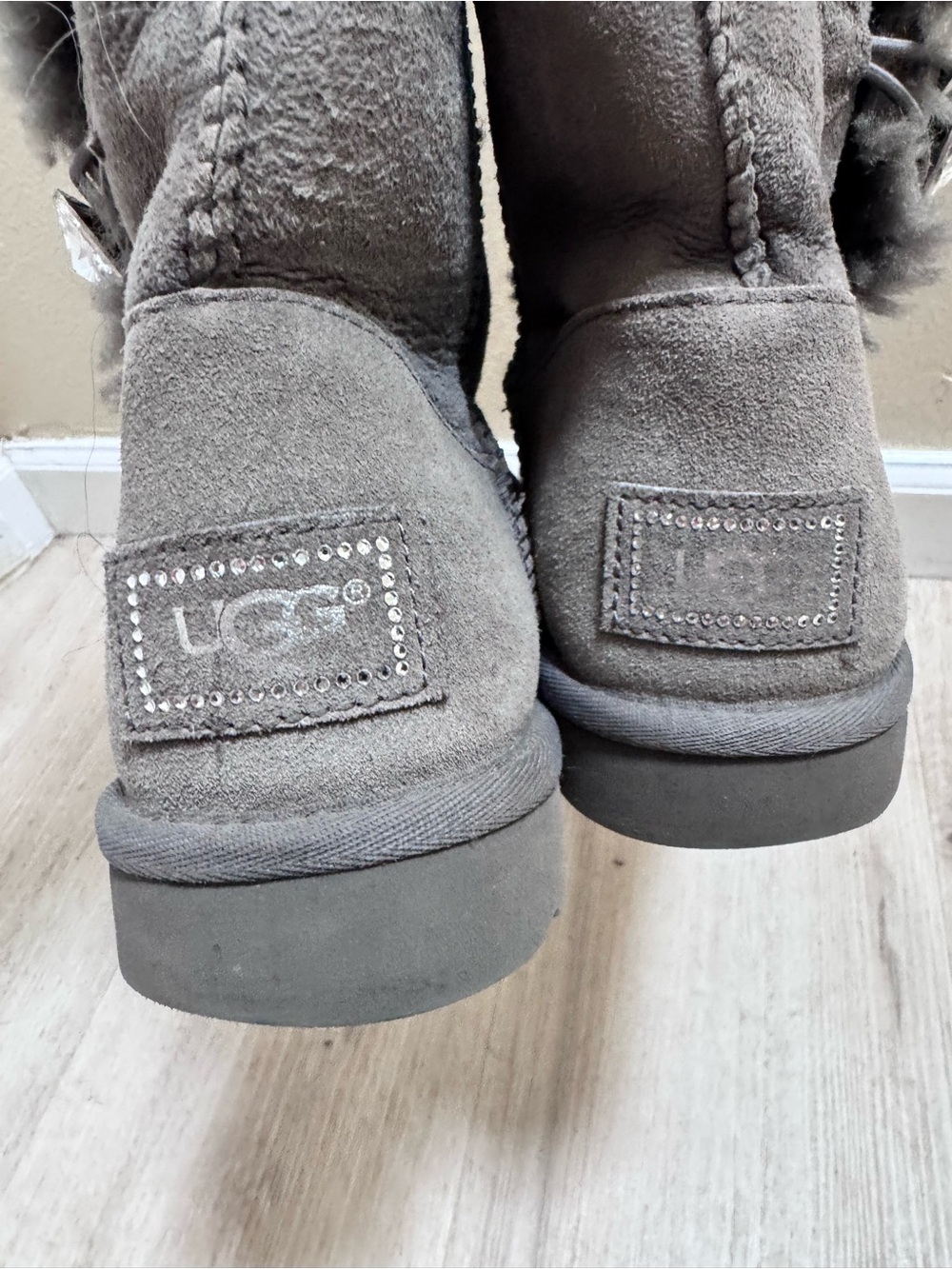 UGG Women's Tall Button Boot in Gray Suede with Sparkle Buttons - Picture 3 of 5